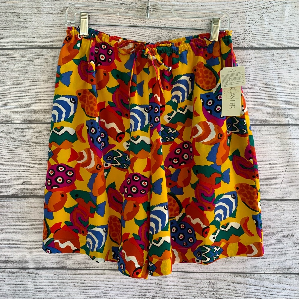 Vtg Doncaster Shorts Womens M Silk Abstract Fish Print Pull On Pockets Colorful